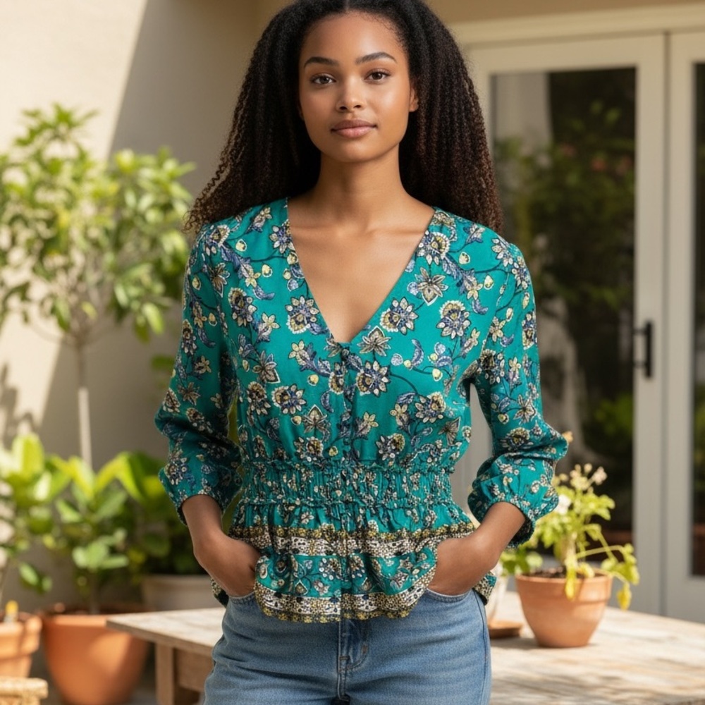 Mi Ami Teal Floral V-Neck Peplum Blouse size m